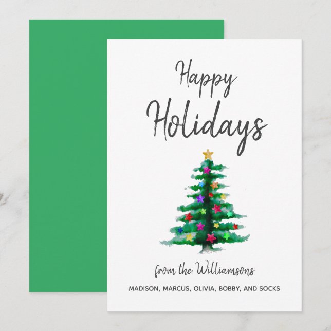 Cartes Pour Fêtes Annuelles Arbre d'aquarelle simple Élégant Script Noël (Devant / Derrière)