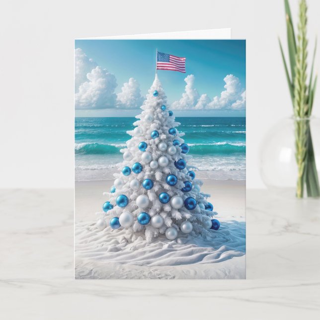Cartes Pour Fêtes Annuelles Arbre de Noël américain sur la plage (Devant)