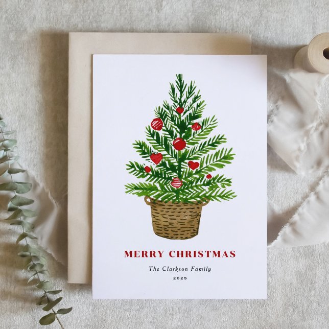 Cartes Pour Fêtes Annuelles Arbre de Noël aquarelle sur un panier en osier (Créateur téléchargé)