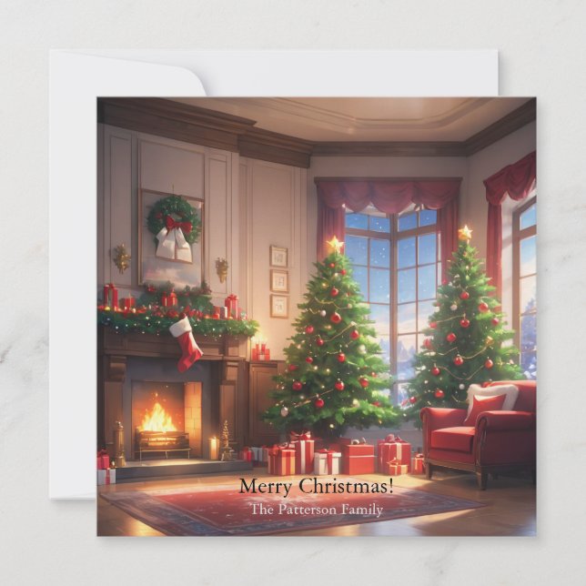Cartes Pour Fêtes Annuelles Arbre de Noël avec cadeaux et cheminée (Devant)