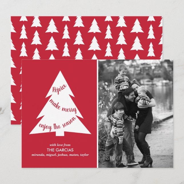 Cartes Pour Fêtes Annuelles Arbre de Noël blanc rouge photo personnalisée (Devant / Derrière)