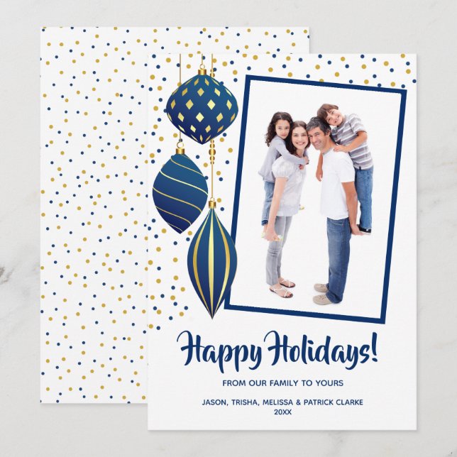 Cartes Pour Fêtes Annuelles Arbre de Noël bleu et or Photo (Devant / Derrière)