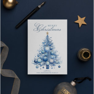 Cartes Pour Fêtes Annuelles Arbre de Noël bleu moderne Aquarelle Nom personnal