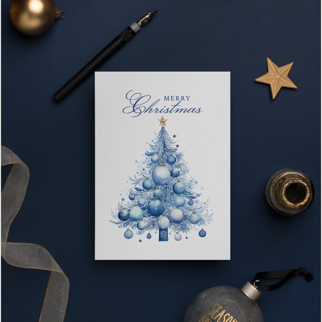 Cartes Pour Fêtes Annuelles Arbre de Noël bleu moderne Aquarelle Photo personn (Créateur téléchargé)