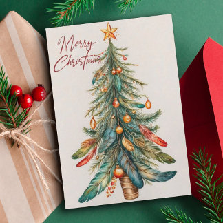 Cartes Pour Fêtes Annuelles Arbre de Noël bohème avec plumes et ornements