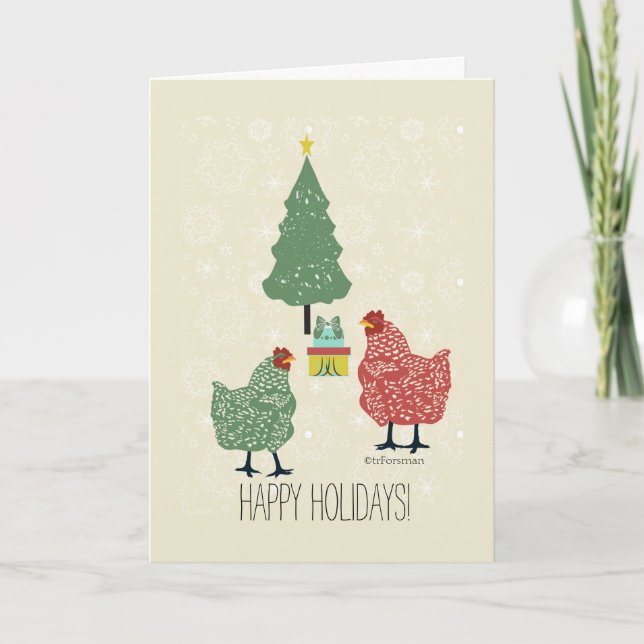 Cartes Pour Fêtes Annuelles Arbre de Noël & cadeau avec poules rouges & vertes (Devant)