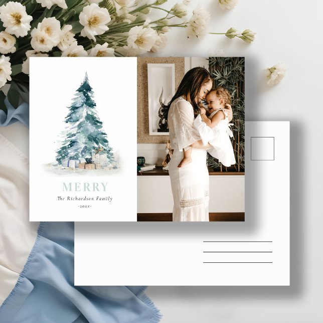 Cartes Pour Fêtes Annuelles Arbre de Noël cadeau photo pinède aquarelle neige (Créateur téléchargé)