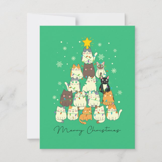 Cartes Pour Fêtes Annuelles Arbre de Noël Chat Lumières (Devant)
