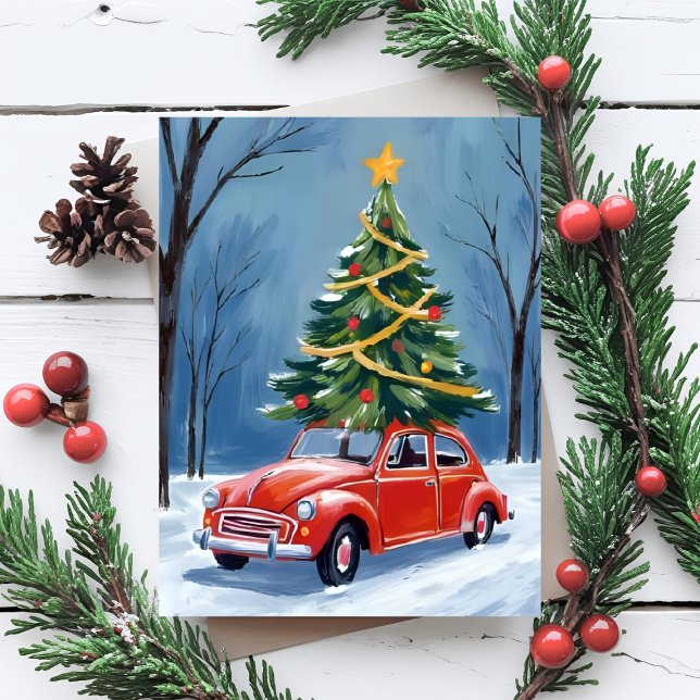 Cartes Pour Fêtes Annuelles Arbre de Noël de la voiture rouge antique (Créateur téléchargé)