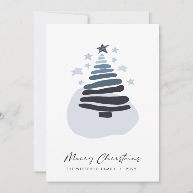 Cartes Pour Fêtes Annuelles Arbre de Noël de style Scandi Abstrait bleu (Devant)