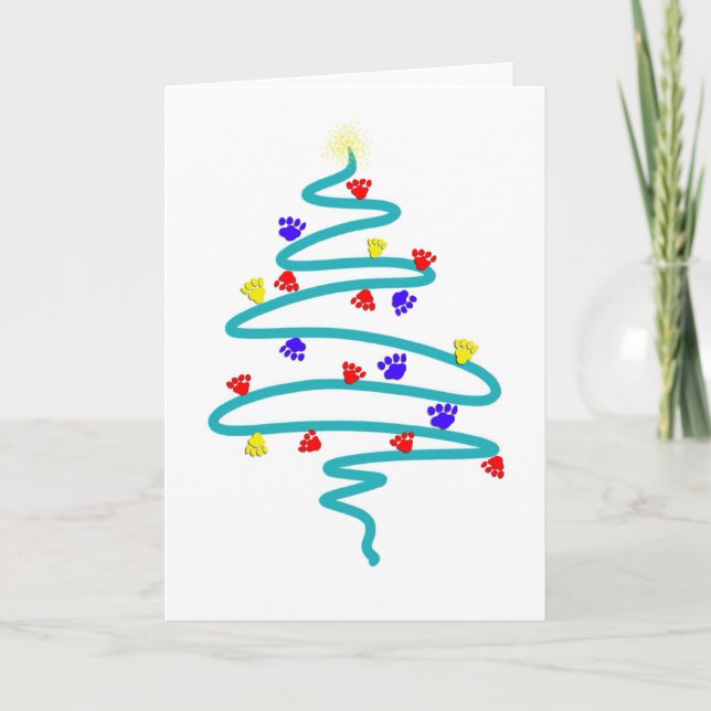 Cartes Pour Fêtes Annuelles Arbre de Noël des Empreintes de pattes (Devant)