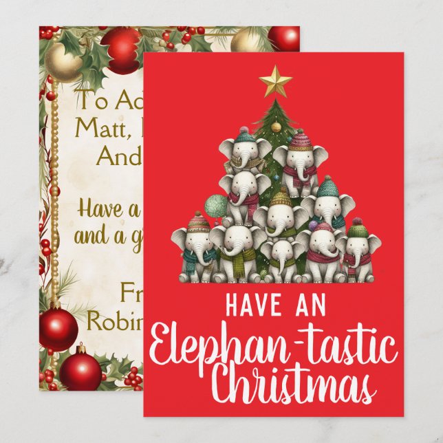 Cartes Pour Fêtes Annuelles Arbre de Noël éléphant (Devant / Derrière)