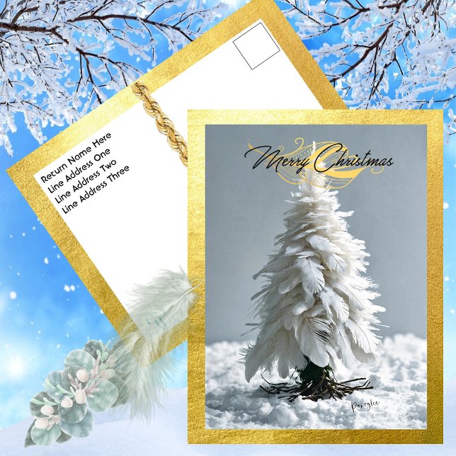Cartes Pour Fêtes Annuelles Arbre de Noël en plumes modernes (Capture Your Recipients Heart - White Feather  Tree - Surrounded in Opulent Gold)