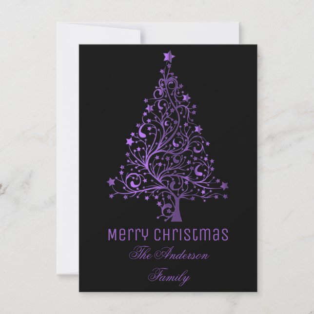 Cartes Pour Fêtes Annuelles Arbre de Noël étoilé noir pourpre apparence métall (Devant)