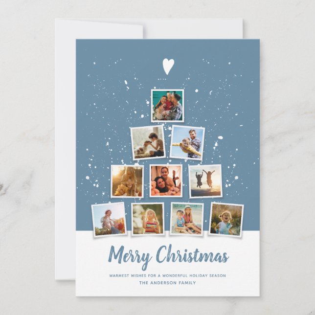 Cartes Pour Fêtes Annuelles Arbre de Noël Famille moderne Photo Collage Bleu (Devant)