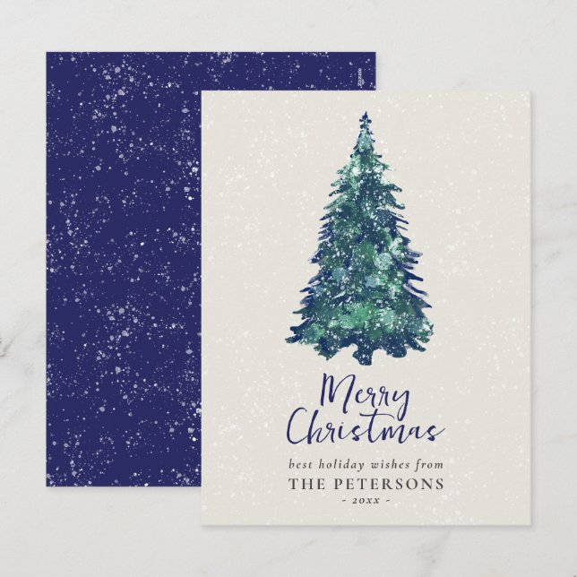 Cartes Pour Fêtes Annuelles Arbre de Noël Festif Moderne Snowy Blue (Devant / Derrière)