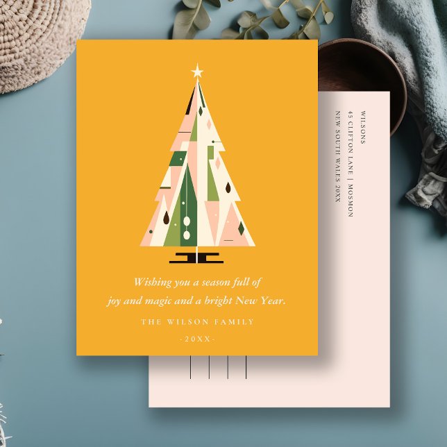 Cartes Pour Fêtes Annuelles Arbre de Noël Géométrique Rétro Blush Mustard Vert (Créateur téléchargé)