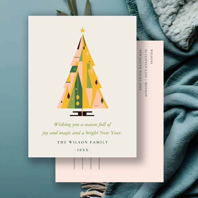 Cartes Pour Fêtes Annuelles Arbre de Noël Géométrique Rétro Blush Mustard Vert (Créateur téléchargé)