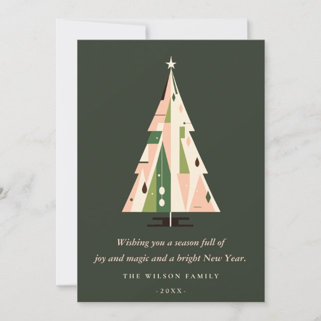 Cartes Pour Fêtes Annuelles Arbre de Noël géométrique rétro rouille verte (Devant)