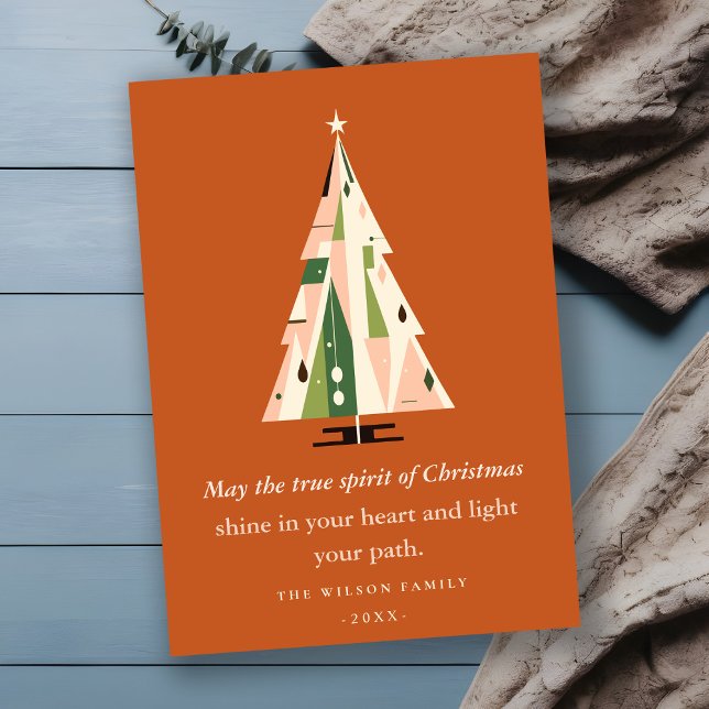 Cartes Pour Fêtes Annuelles Arbre de Noël géométrique rétro rouille verte (Créateur téléchargé)