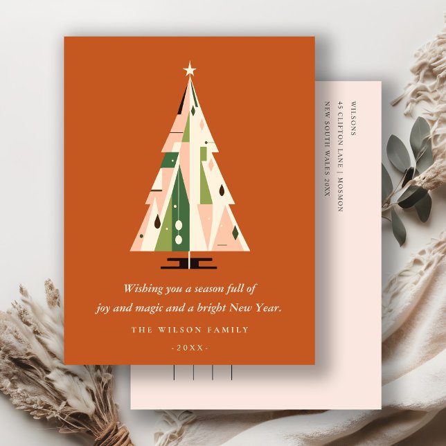Cartes Pour Fêtes Annuelles Arbre de Noël géométrique rétro rouille verte (Créateur téléchargé)