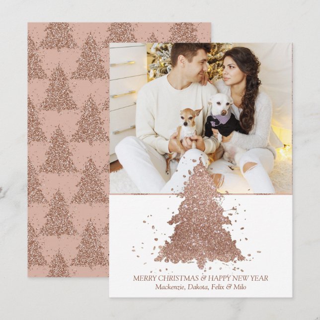Cartes Pour Fêtes Annuelles Arbre de Noël | Glam Rose Gold Photo (Devant / Derrière)