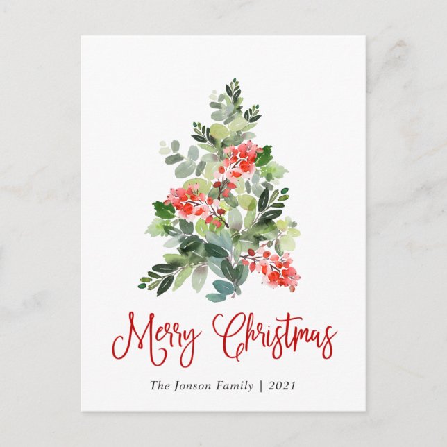 Cartes Pour Fêtes Annuelles Arbre de Noël Holly Berry Salutation Aquarelle (Devant)
