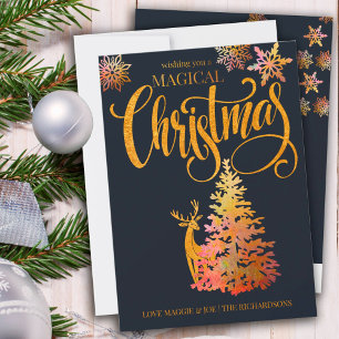 Cartes Pour Fêtes Annuelles Arbre de Noël magique et Cerf Or et Bleu