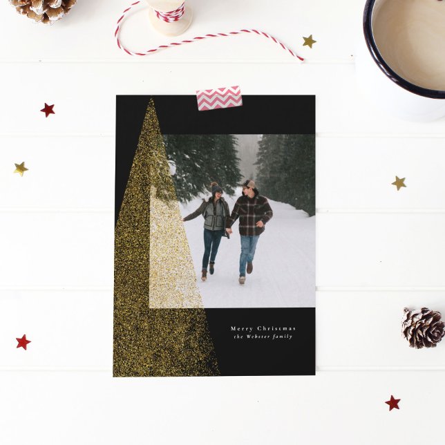 Cartes Pour Fêtes Annuelles Arbre de Noël moderne en faux or sur fond noir en  (Créateur téléchargé)