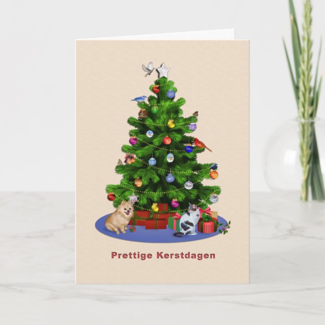 Cartes Pour Fêtes Annuelles Arbre de Noël néerlandais et Joyeux, oiseaux, (Devant)