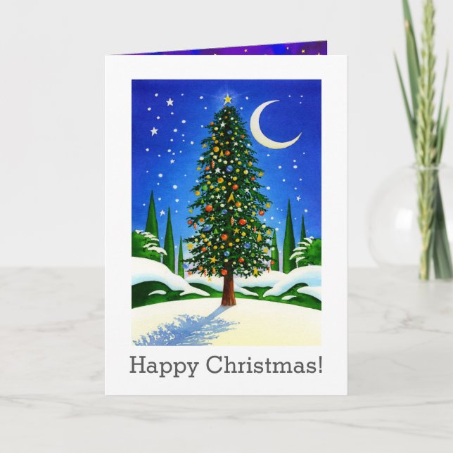Cartes Pour Fêtes Annuelles Arbre de Noël neigeux - Cadeaux, Lune et étoiles (Devant)