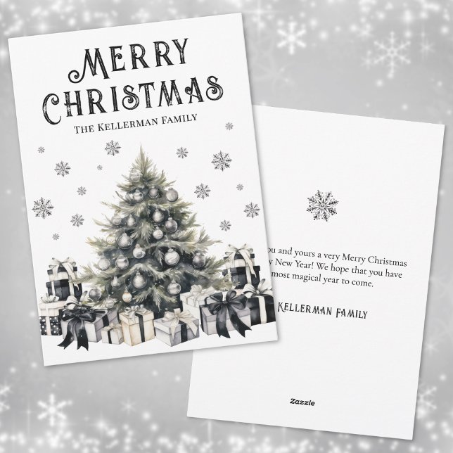 Cartes Pour Fêtes Annuelles Arbre de Noël noir blanc élégant (Black White Elegant Christmas Tree Holiday Card)