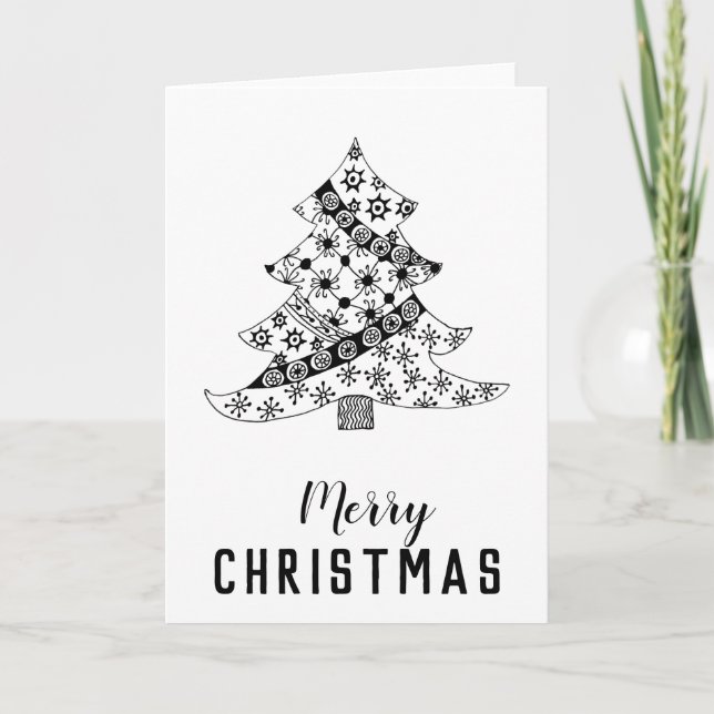 Cartes Pour Fêtes Annuelles Arbre de Noël noir et blanc en script moderne (Devant)