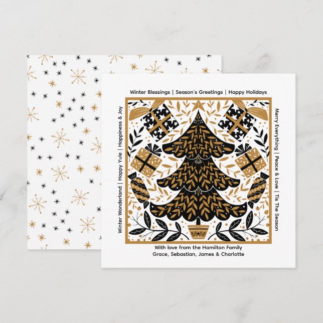 Cartes Pour Fêtes Annuelles Arbre de Noël noir et or Personnalisé (Devant / Derrière)