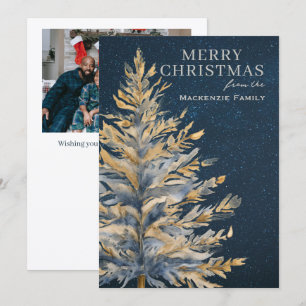 Cartes Pour Fêtes Annuelles Arbre de Noël Photo personnalisée Bleu Or