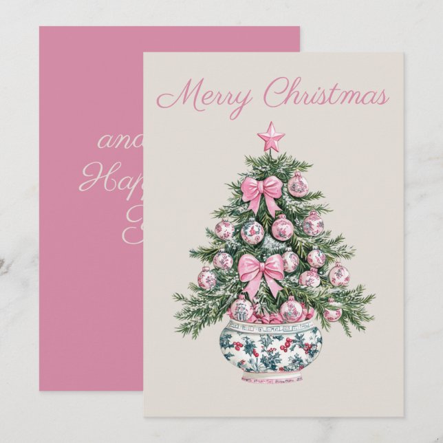 Cartes Pour Fêtes Annuelles Arbre de Noël Preppy Rose et Green Chinoiserie (Devant / Derrière)