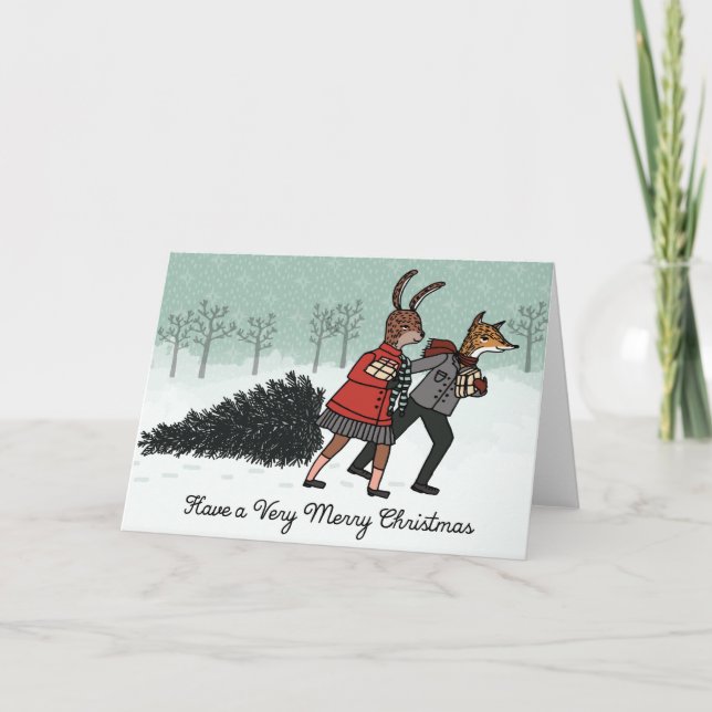 Cartes Pour Fêtes Annuelles Arbre de Noël - Renard et Lapin ramènent l'Arbre (Devant)