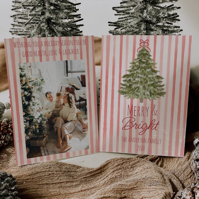 Cartes Pour Fêtes Annuelles Arbre de Noël Retro Merry & Bright Red Stripes (Créateur téléchargé)