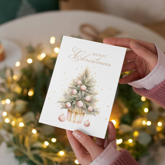 Cartes Pour Fêtes Annuelles Arbre de Noël rose doux aquarelle photo personnali (Créateur téléchargé)
