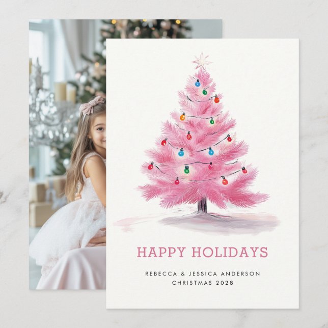 Cartes Pour Fêtes Annuelles Arbre de Noël rose Photo personnalisée (Devant / Derrière)