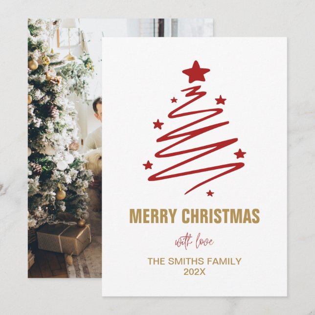 Cartes Pour Fêtes Annuelles Arbre De Noël Rouge Moderne Et Photo Personnalisée (Devant / Derrière)