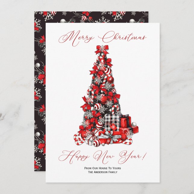 Cartes Pour Fêtes Annuelles Arbre de Noël rustique en rouge, noir et blanc (Devant / Derrière)