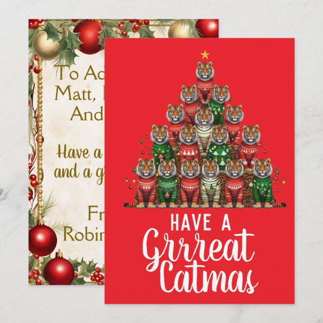 Cartes Pour Fêtes Annuelles Arbre de Noël Tiger Great Catmas (Devant / Derrière)