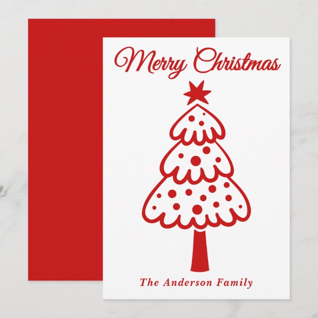 Cartes Pour Fêtes Annuelles Arbre de Noël tiré main rouge lunaire (Devant / Derrière)