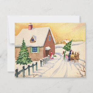 Cartes Pour Fêtes Annuelles Arbre de Noël vintage sur une route enneigée d'hiv