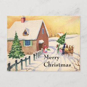 Cartes Pour Fêtes Annuelles Arbre de Noël Vintage sur une route hivernale enne