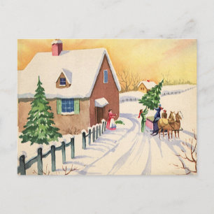 Cartes Pour Fêtes Annuelles Arbre de Noël Vintage sur une route hivernale enne