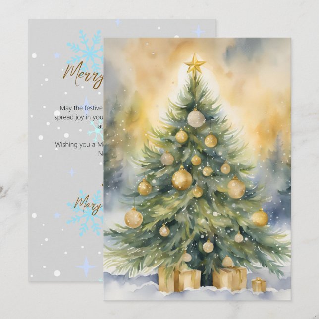Cartes Pour Fêtes Annuelles Arbre de script élégant non photo aquarelle Noël (Devant / Derrière)