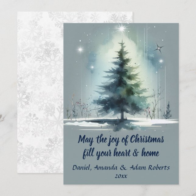 Cartes Pour Fêtes Annuelles Arbre de style aquarelle sur fond bleu moyen (Devant / Derrière)