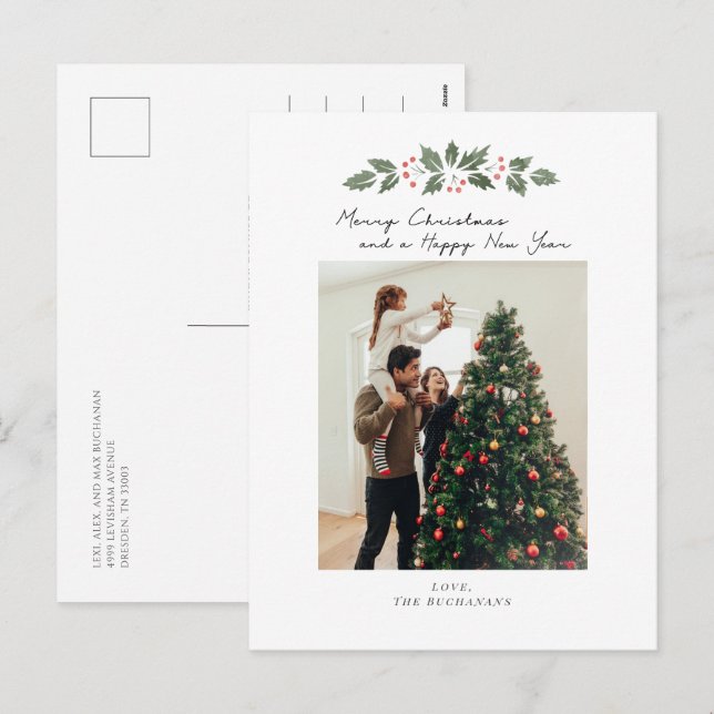 Cartes Pour Fêtes Annuelles Arbre photo famille Joyeux Berries de Noël (Devant / Derrière)